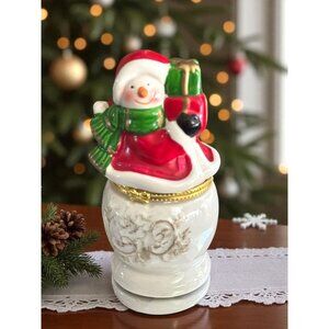 Vintage Snowman Limoges Porcelain Hinged Trinket Jar Holiday Decor